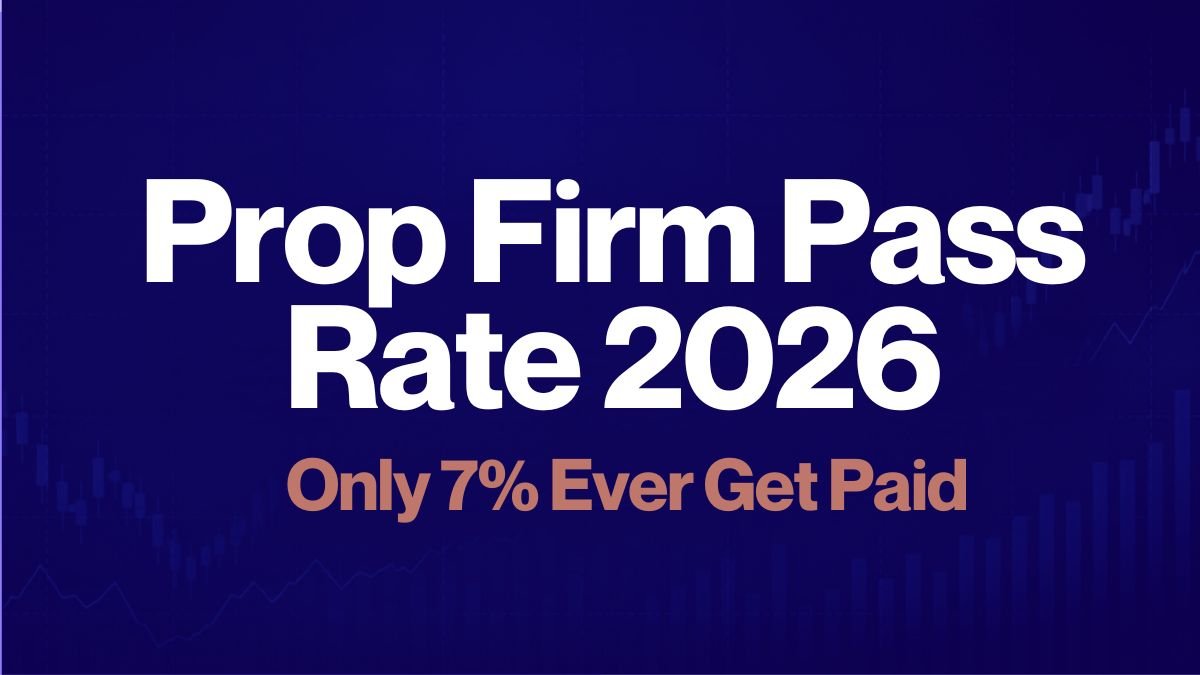 Prop Firm Pass Rate 2026 blog thumbnail showing the headline “Only 7% Ever Get Paid” over a dark financial chart background.