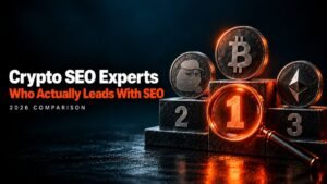 Best crypto SEO experts 2026 shown as a podium, inspected by a magnifying glass