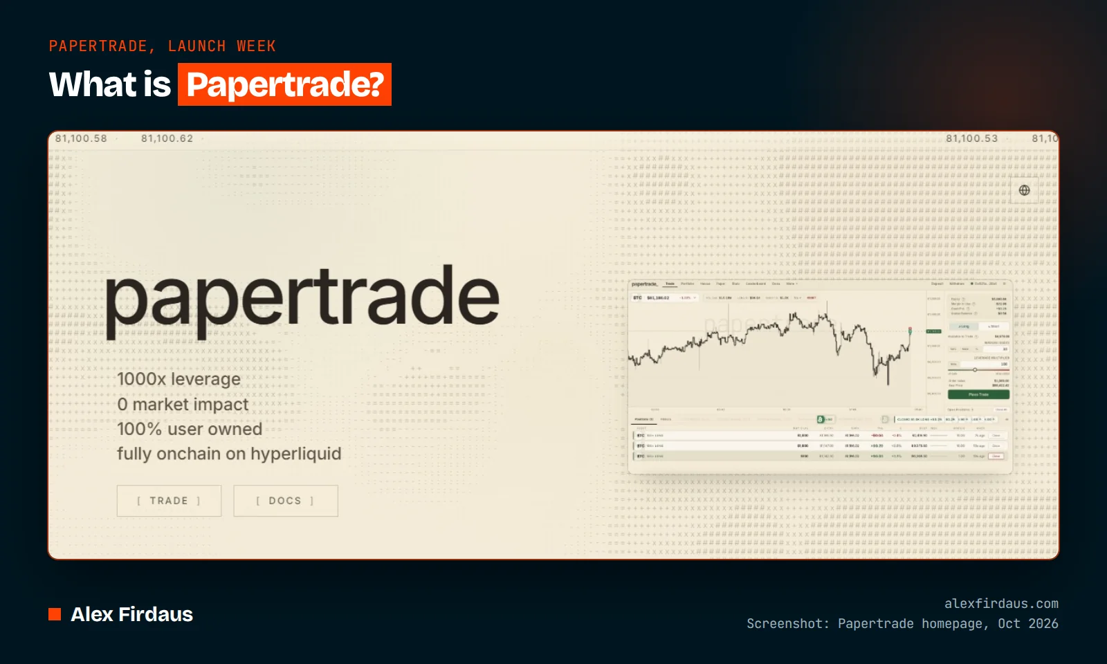Papertrade homepage and 1,000x BTC trading screen, framed in an Alex Firdaus branded card